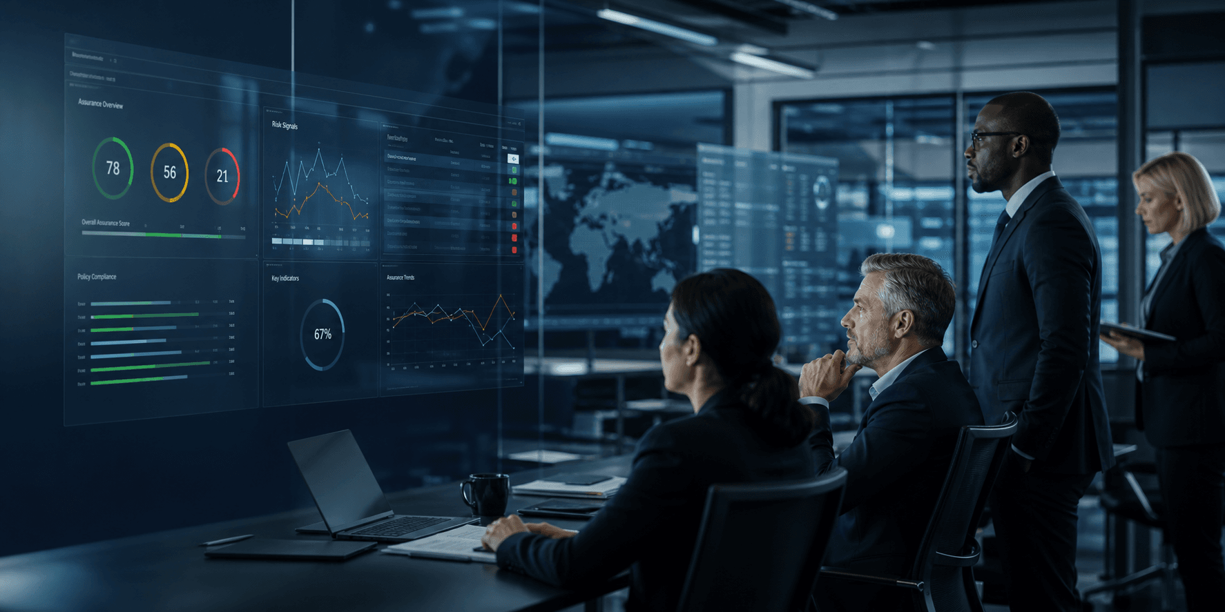 A photorealistic command center visualizing trust signals and decision oversight.
